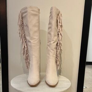 Billini Over the Knee Fringe Boots in Cream